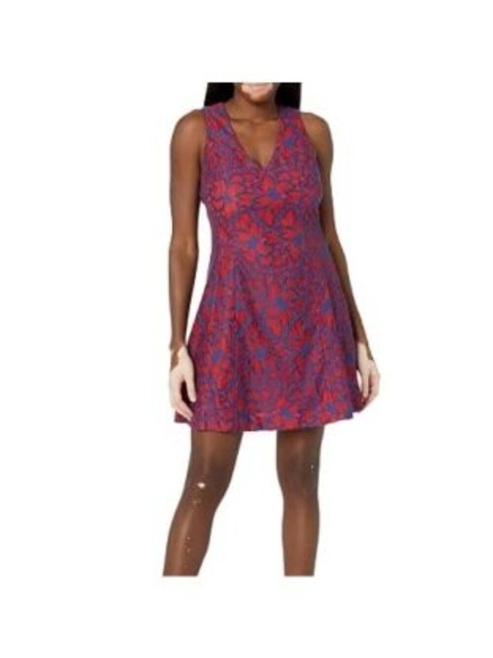 RACHEL Rachel Roy Red Orange and Blue Lace Fit and Flare V-Neck Mini Dress